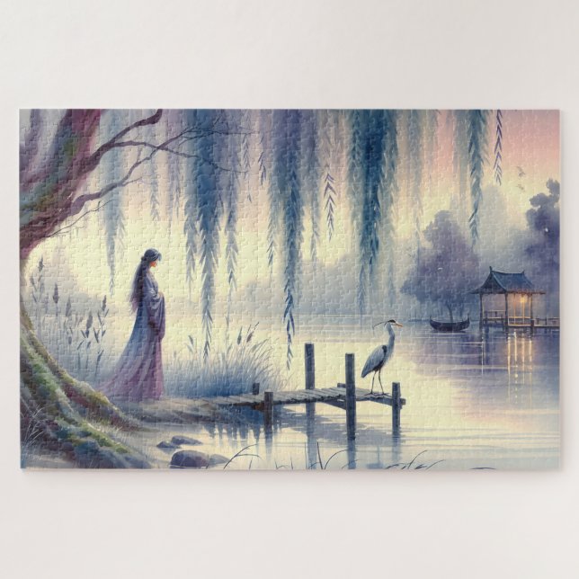 Puzzle Sereno lago de fantasía con sauce y garza (Horizontal)