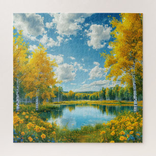 Puzzle Sereno paisaje de lago escénico con árbol amarillo
