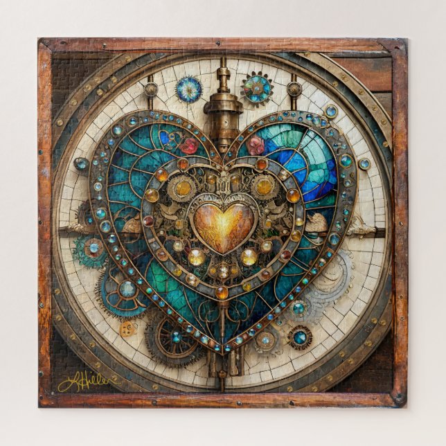 Puzzle Serie de Steampunk Heart de Vidrio Manchado de Oro (Vertical)
