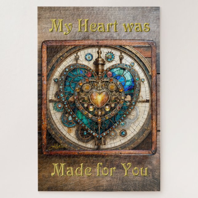 Puzzle Serie de Steampunk Heart de Vidrio Manchado de Oro (Vertical)