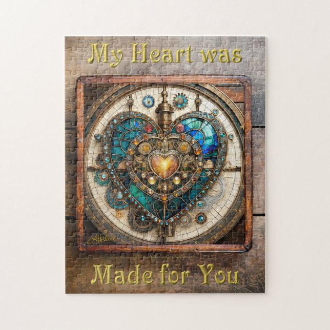 Puzzle Serie de Steampunk Heart de Vidrio Manchado de Oro (Vertical)