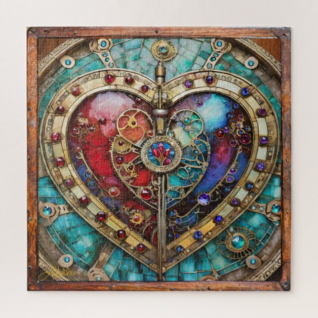 Puzzle Serie de Steampunk Heart de Vidrio Manchado Rojo y (Vertical)
