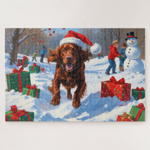 Puzzle Setter Rojo Irlandés Corriendo en la Nieve con Som