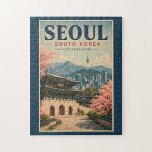 Puzzle Seúl Corea del Sur Ilustración Viaje Arte Vintage