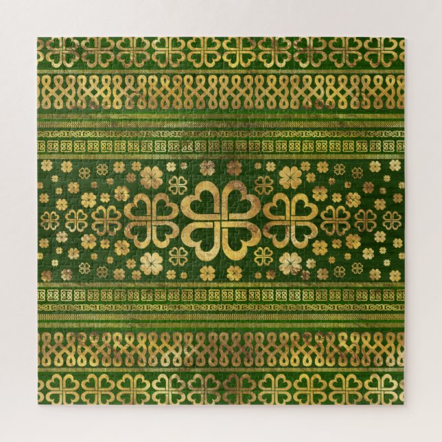 Puzzle Shamrock de cuatro hojas Clover Madera Verde y Oro (Vertical)