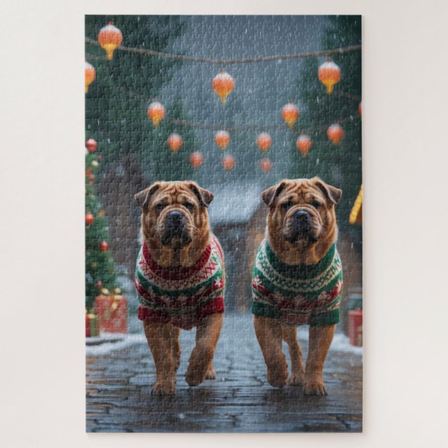 Puzzle Shar Pei  Dogs Christmas Snow Holiday (Vertical)