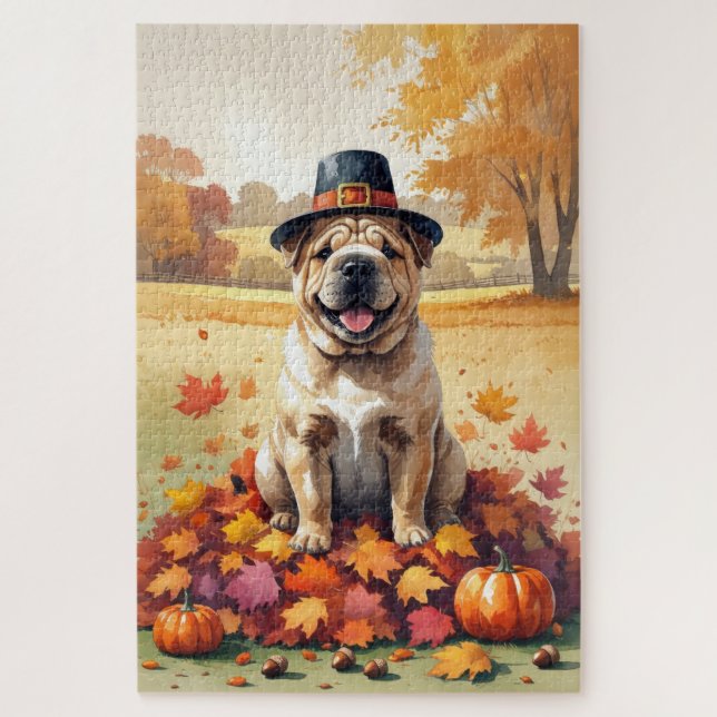 Puzzle Shar Pei En Otoño Deja El Arte Del Día De Gracias (Vertical)