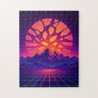 Puzzle Shattered Neon Sun Over Synthwave Mountains