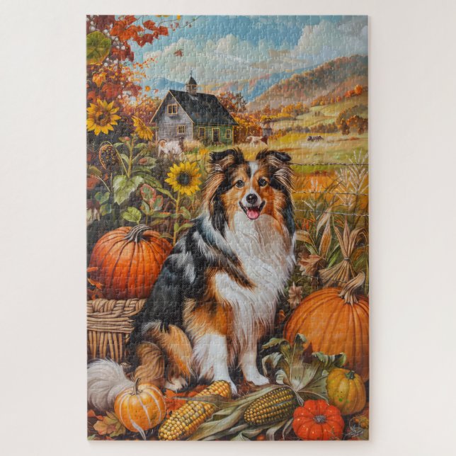 Puzzle Shetland Sheepdog Autumn Harvest Thankding (Vertical)