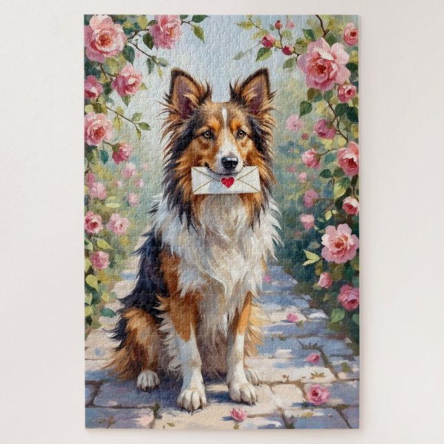 Puzzle Shetland Sheepdog Delivering Valentine's Love (Vertical)