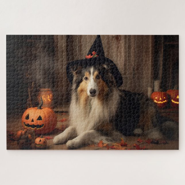 Puzzle Shetland Sheepdog Pumpkins Halloween Scary (Horizontal)