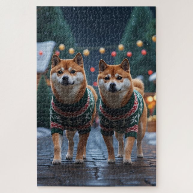 Puzzle Shiba Inu Dogs Christmas Snow Holiday (Vertical)
