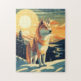 Puzzle Shiba Inu en las nevadas montañas durante la puest