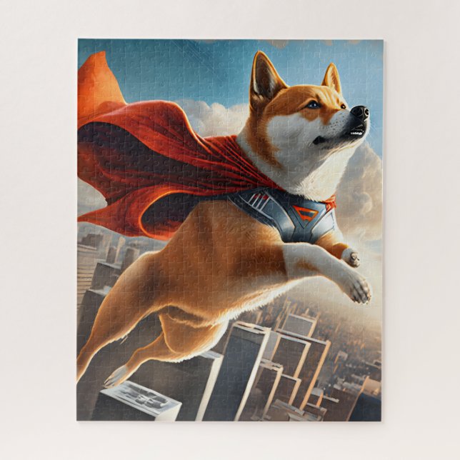 Puzzle Shiba Inu sobrevolando la ciudad (Vertical)