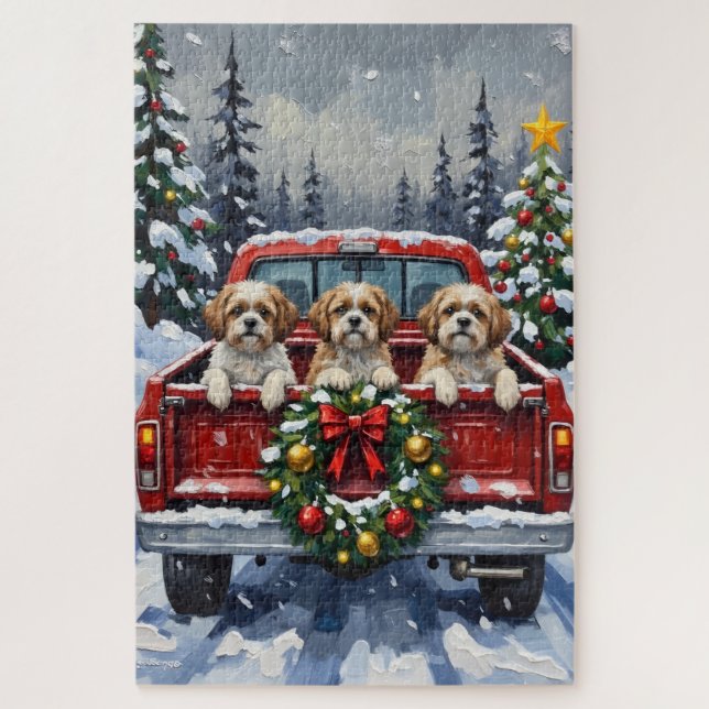 Puzzle Shih Tzu Christmas Red Truck Holiday (Vertical)