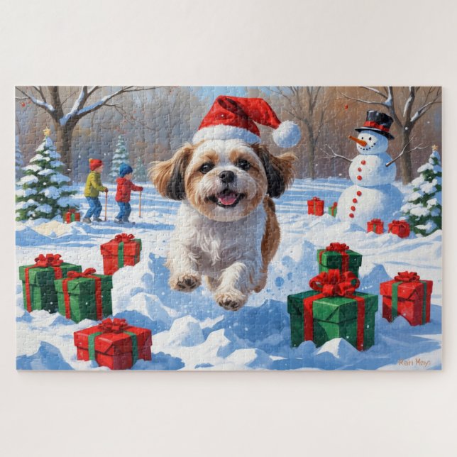 Puzzle Shih Tzu corre en Nieve con Gorra Navidad (Horizontal)