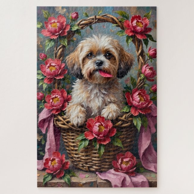 Puzzle Shih Tzu Dog Valentine's Day Peony Flower Basket (Vertical)