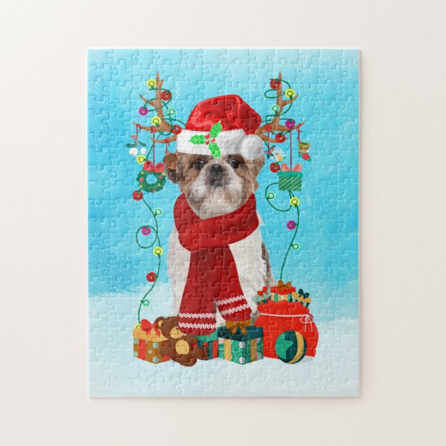 Puzzle Shih Tzu en la nieve con regalos de Navidades (Vertical)