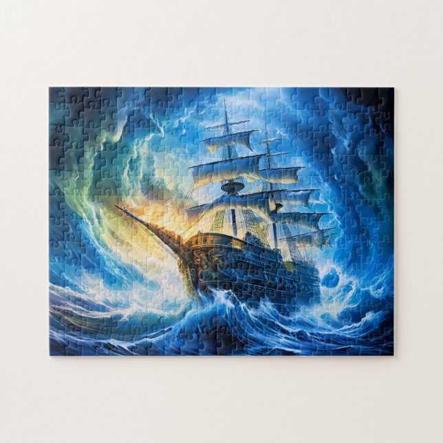 Puzzle Ship in Glowing Blue Ocean Fantasy Painting (Horizontal)