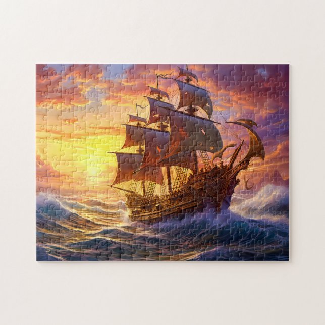 Puzzle Ship in Golden Sunset Storm Fantasy Painting (Horizontal)