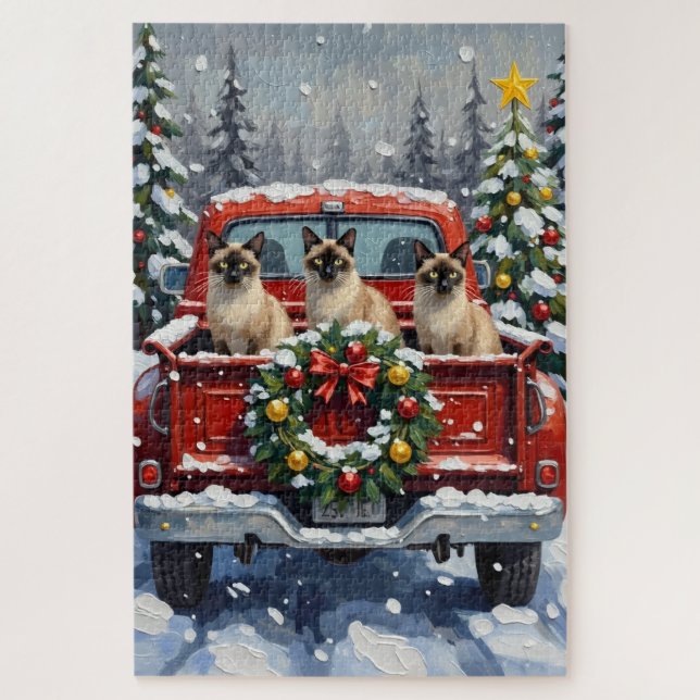 Puzzle Siamese Cat Christmas Red Truck Holiday (Vertical)