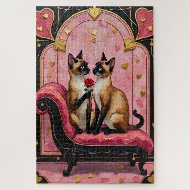 Puzzle Siamese Cat Couple Art Deco Valentine's Day (Vertical)