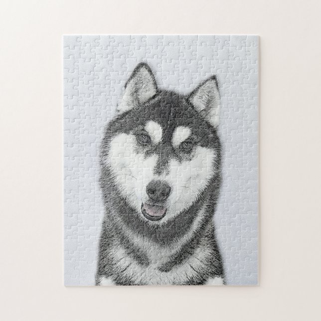 Puzzle Siberian Husky (Black and White) Painting Dog Art (Vertical)