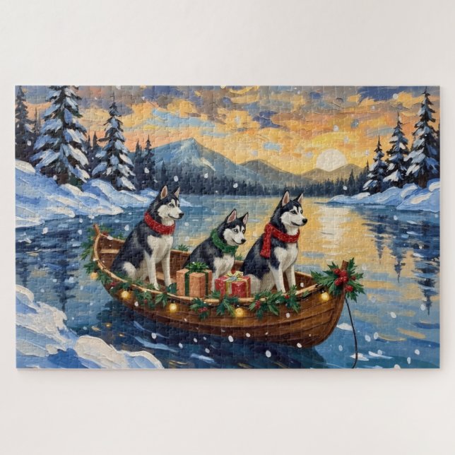 Puzzle Siberian Husky Christmas Boat Holiday (Horizontal)