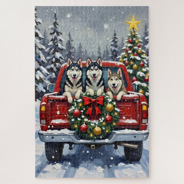 Puzzle Siberian Husky Christmas Red Truck Holiday (Vertical)