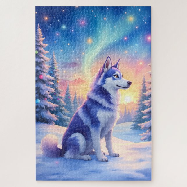 Puzzle Siberian Husky Northern Lights Christmas Winter (Vertical)