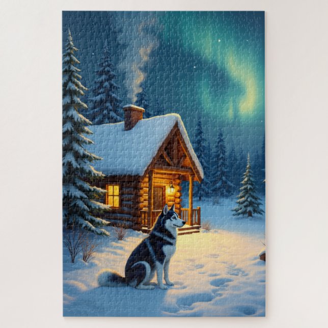 Puzzle Siberian Husky Snowy Cabin Christmas Painting (Vertical)