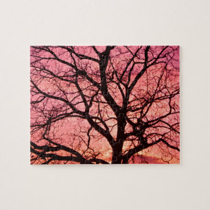 Puzzle Silhouette de árbol Rubor por la noche