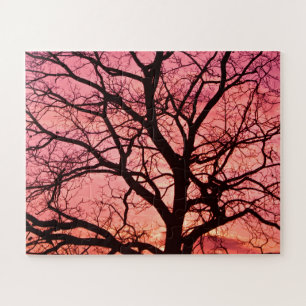 Puzzle Silhouette de árbol Rubor por la noche