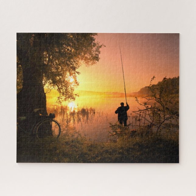 Puzzle Silhouette de Fisherman en el lago al atardecer (Horizontal)
