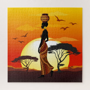 Puzzle Silhouette de una bella mujer africana sobre los S
