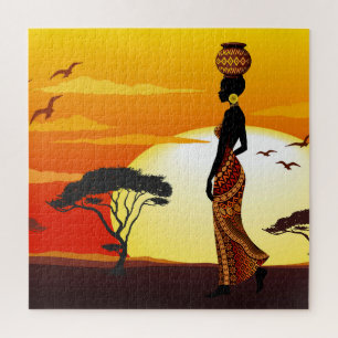 Puzzle Silhouette de una bella mujer africana sobre los S