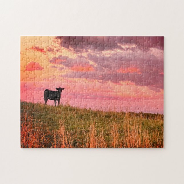 Puzzle Silhouette de vaca al atardecer (Horizontal)