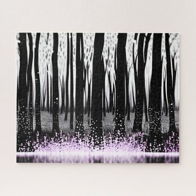 Puzzle Silhouette forestal encantada con flores moradas (Horizontal)
