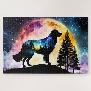 Puzzle Silhouette Golden Retriever en la luna de la monta