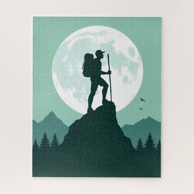 Puzzle Silhouette Hiker on Peak with Moon and Mountains (Vertical)