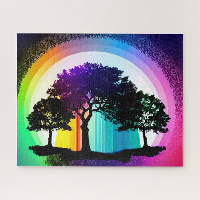 Puzzle Silhouette Trees of Life rodeada de arcoiris (Horizontal)