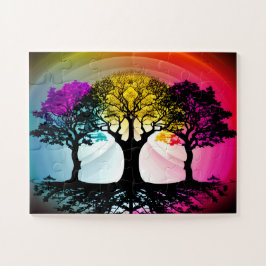 Puzzle Silhouettes de árbol negro con cielo rosa amarillo