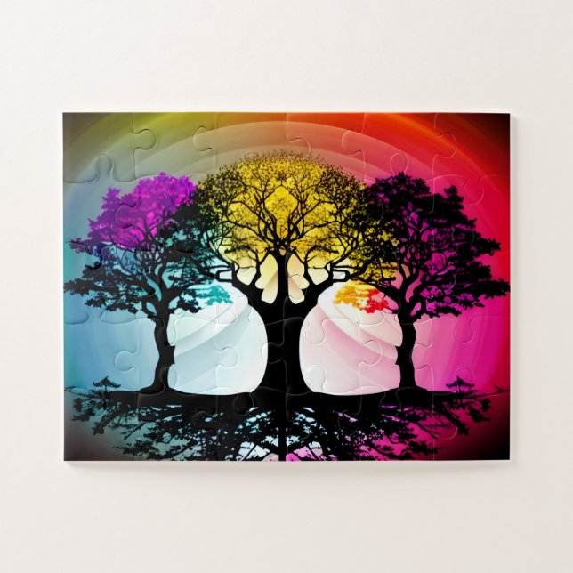 Puzzle Silhouettes de árbol negro con cielo rosa amarillo (Horizontal)