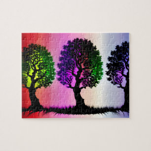 Puzzle Silhouettes de árbol negro con fondo de cielo colo