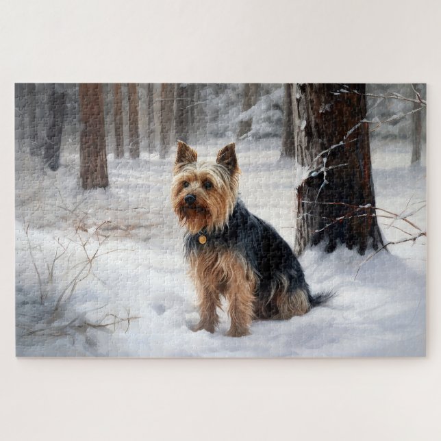 Puzzle Silky Terrier deja que nieve Navidades (Horizontal)