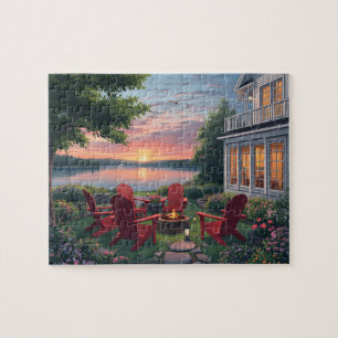 Puzzle Sillas de atardecer con fogata junto al lago