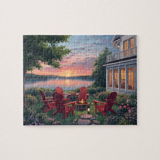 Puzzle Sillas de atardecer con fogata junto al lago (Horizontal)