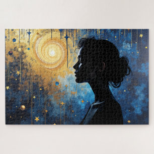 Puzzle Silueta cósmica - Mujer en la galaxia dorada de ba