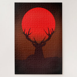 Puzzle Silueta de ciervo con puesta de sol roja ardiente