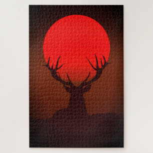 Puzzle Silueta de ciervo con puesta de sol roja ardiente